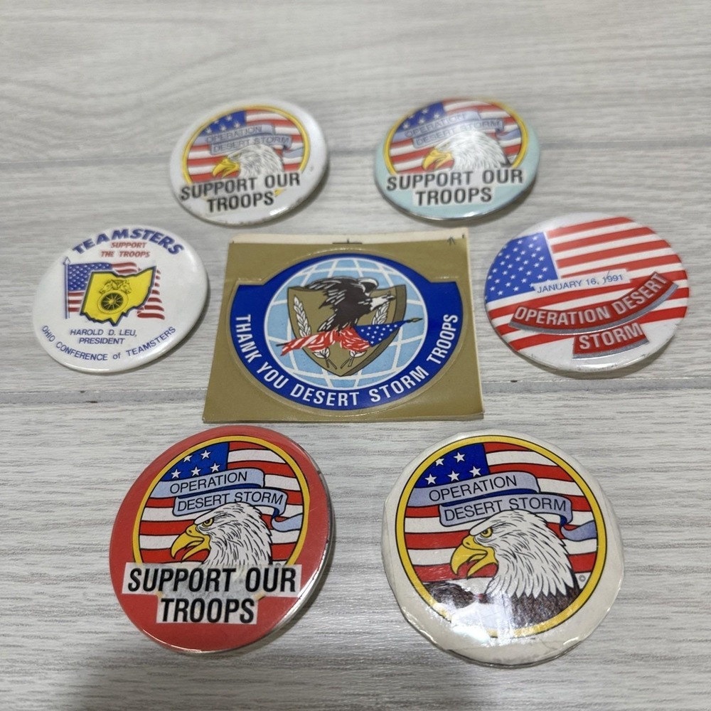 Operation Desert Storm 6 Pinback Buttons & 1 Sticker Gulf War Military 1991 (B)